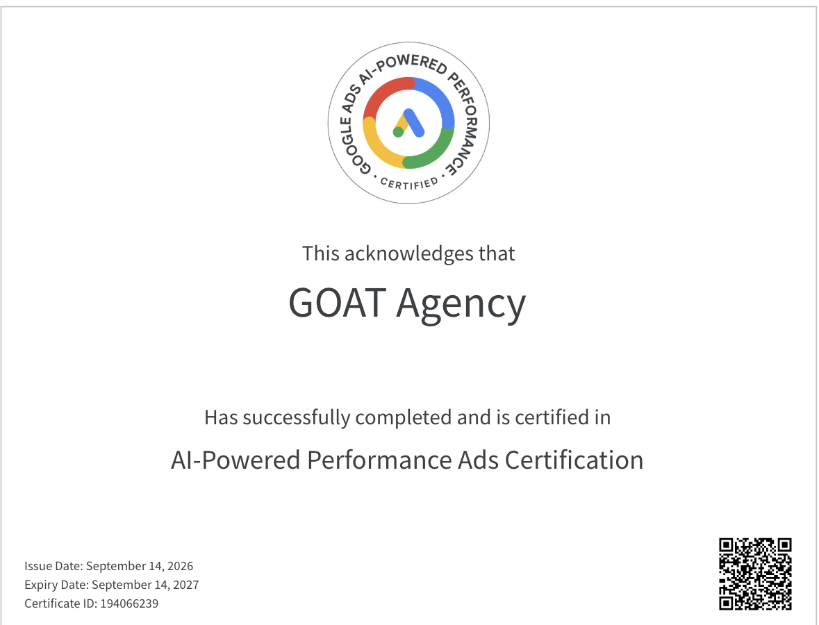 AI-Powered Performance Ads Certification issued to GOAT Agency